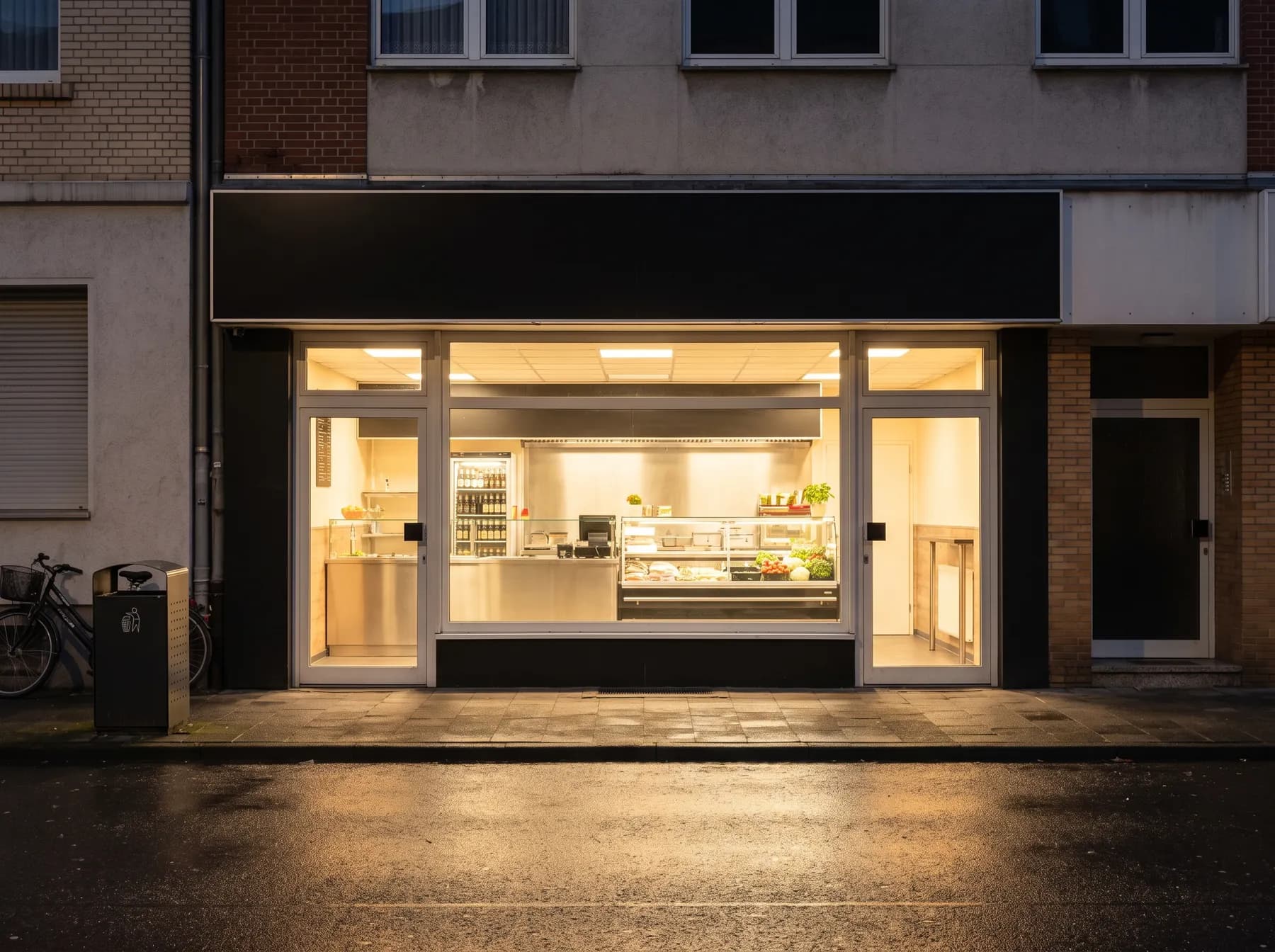 Takeaway shop at night with the configured sign on the fascia panel