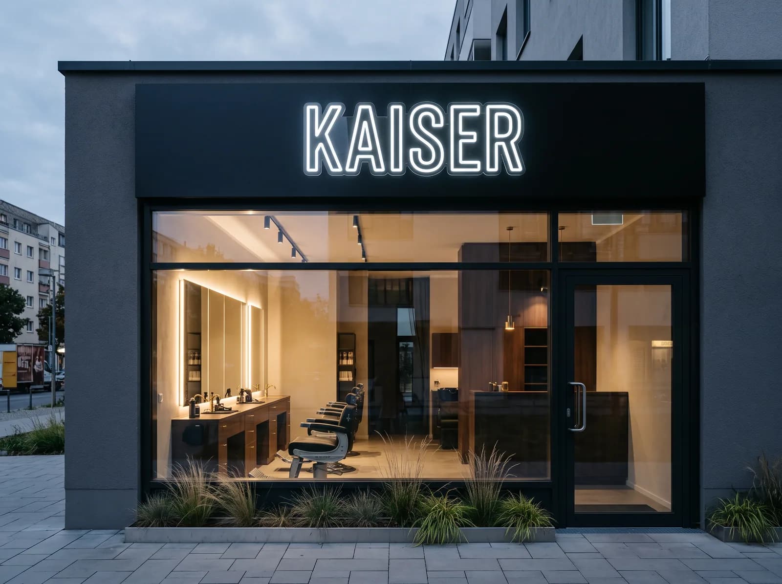 Kaltweißer Neon-Schriftzug in Konturschrift auf schwarzer Blende über dem Schaufenster eines Barbershops