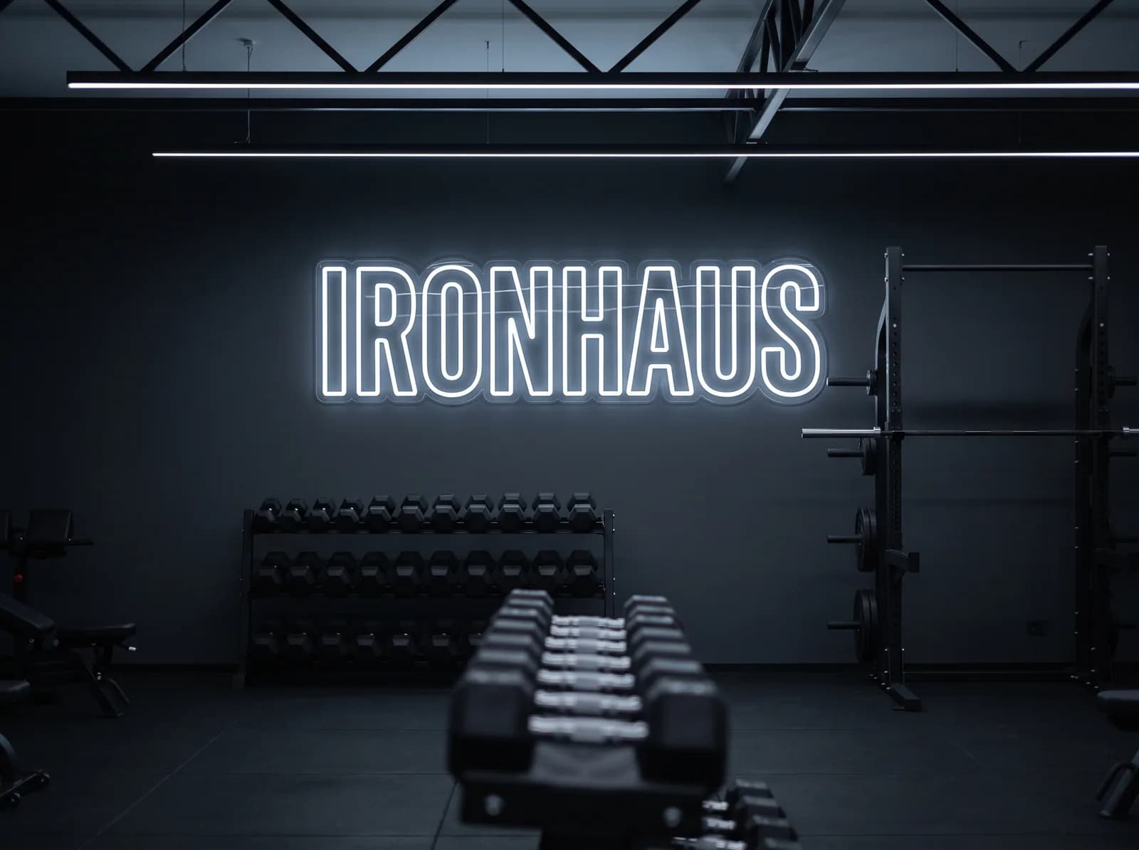 Kaltweißer Neon-Schriftzug in Versalien an der anthrazitfarbenen Wand eines Fitnessstudios