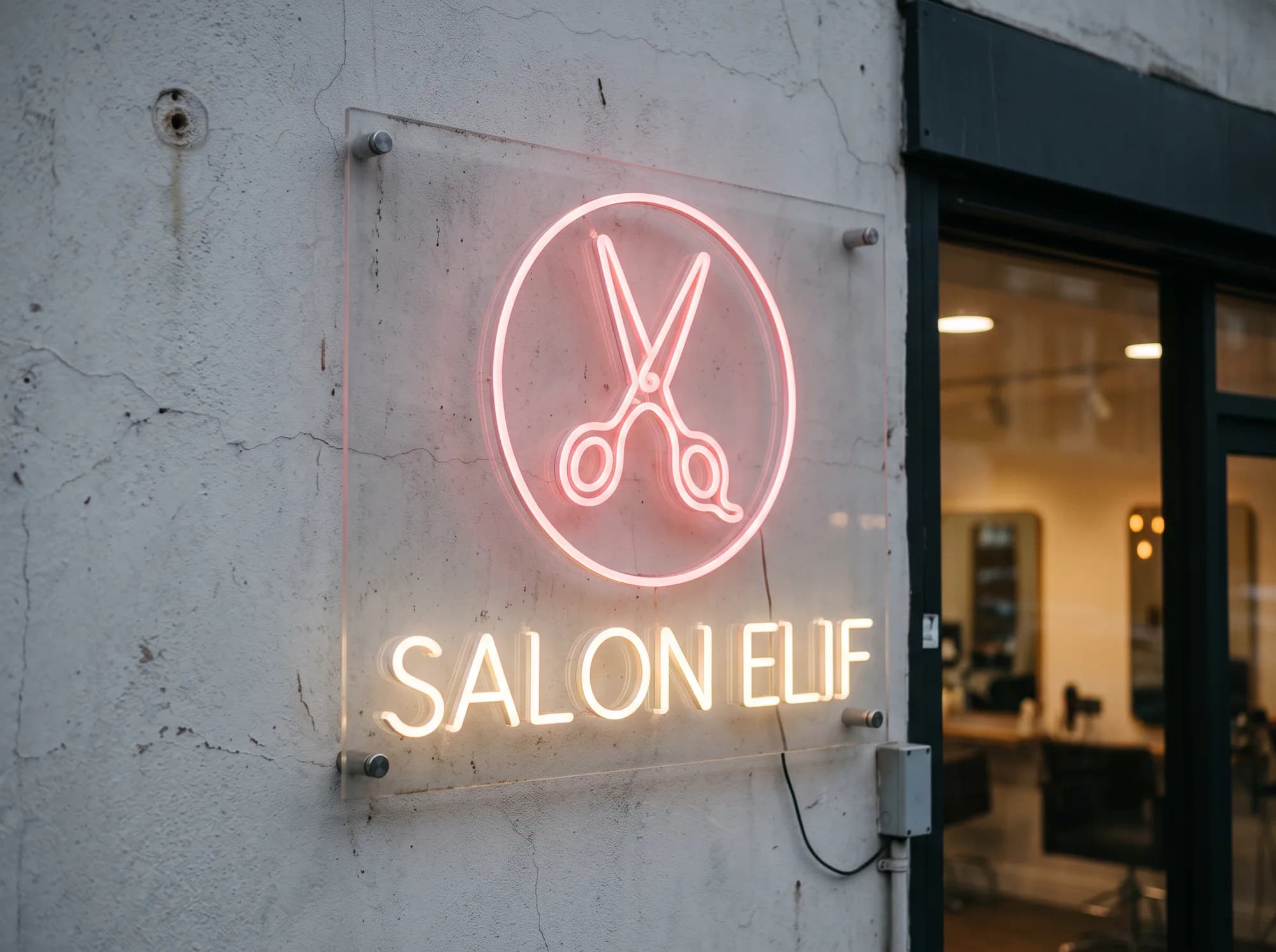 Hair salon neon logo: scissors in a circle above the wordmark, on a plastered wall
