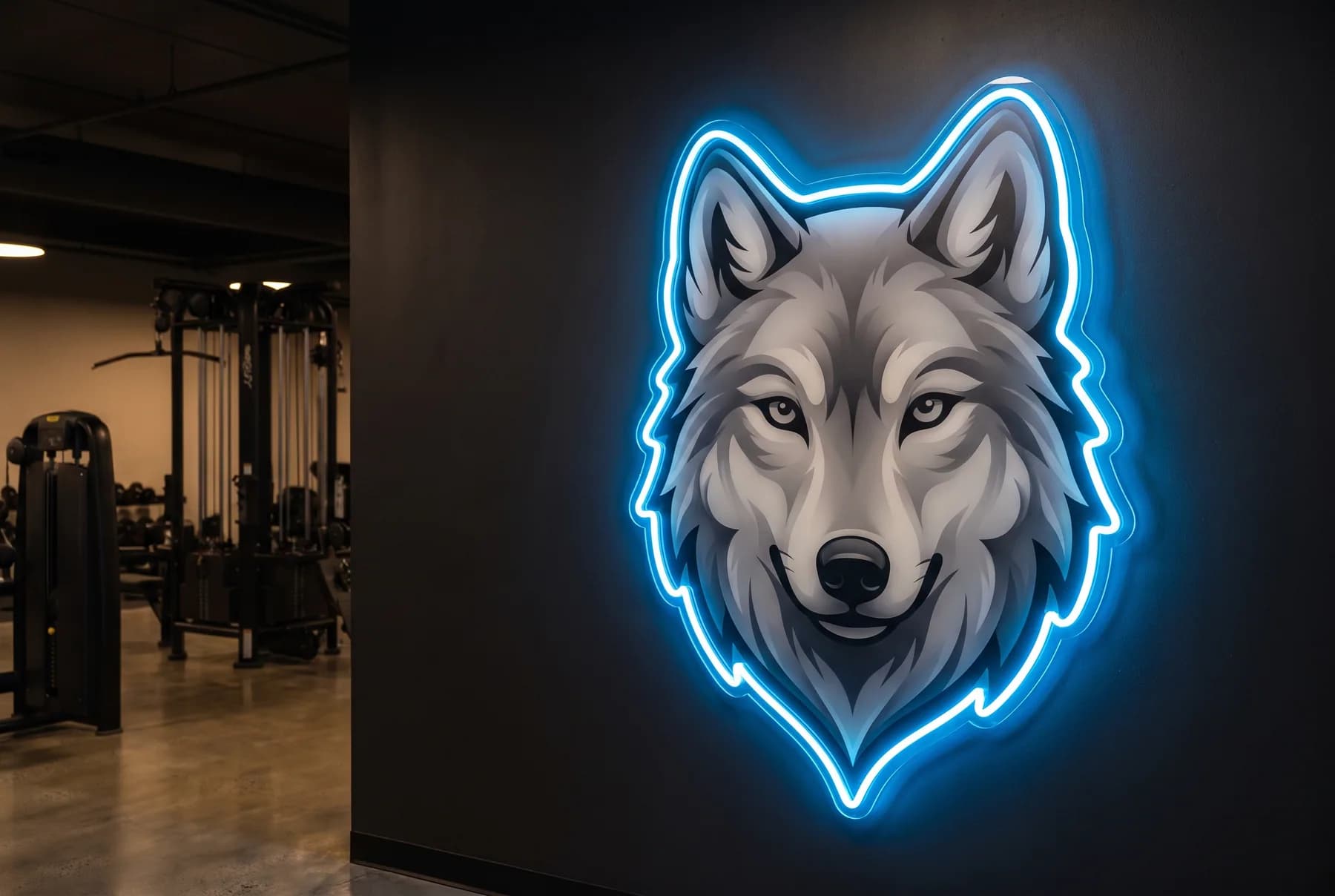 Bedruckte Acrylplatte mit Wolfskopf-Motiv, umrandet von einer blau leuchtenden Neon-Kontur, an der Wand eines Fitnessstudios