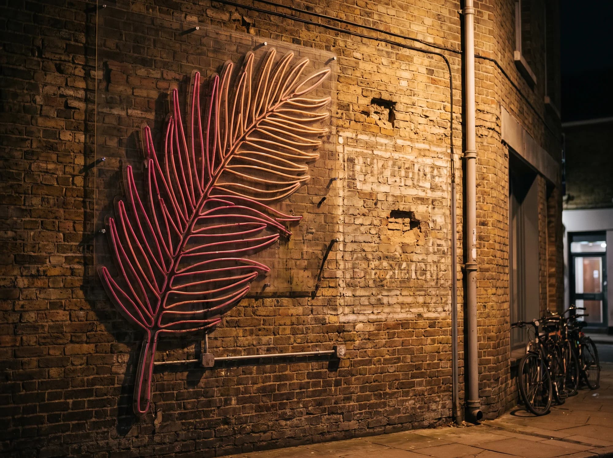 Two-colour neon graphic of a palm frond, roughly 2.5 metres tall, on a brick exterior wall